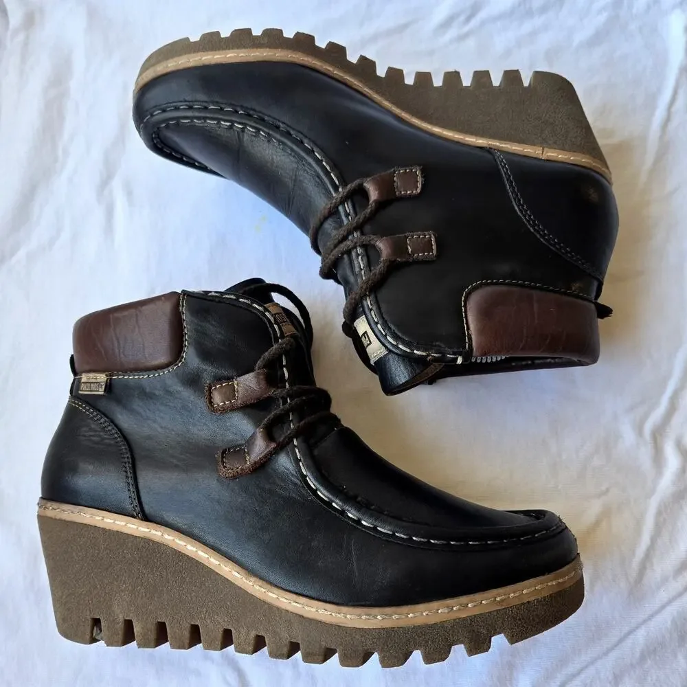 Pikolinos Maple Women's Leather Wedge Ankle Boots Black/Brown Size 40/US 9-9.5